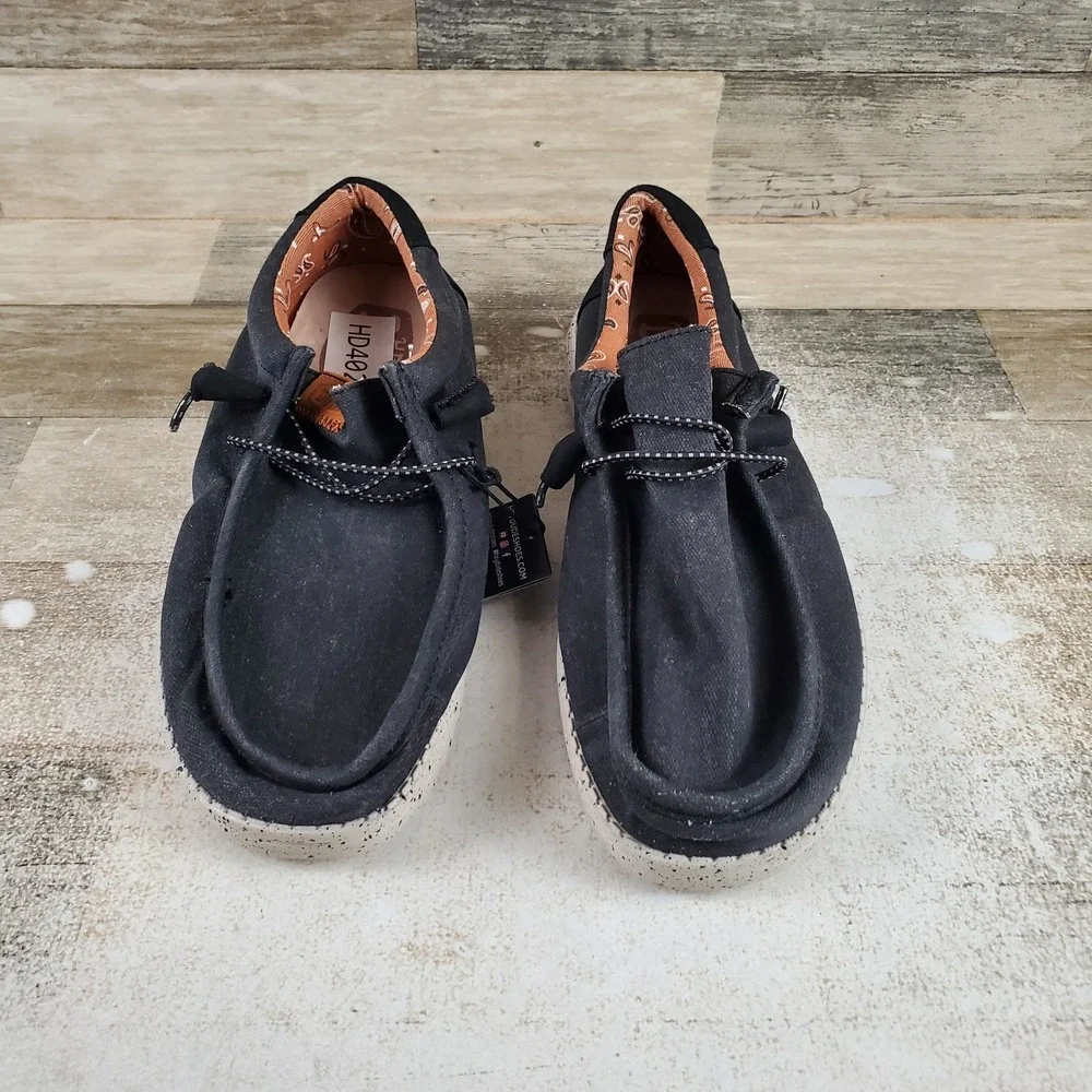 Hey Dude Wally Washed Canvas Mens Shoes Sz 9 Black Canvas Round Toe Comfort